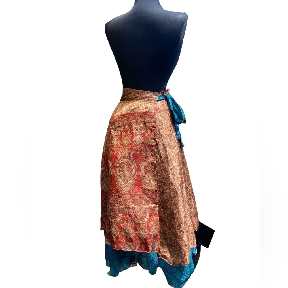 Reversible Silk Wrap Skirt by Western Fashion Bohemian Bluish/Red - Picture 10 of 16